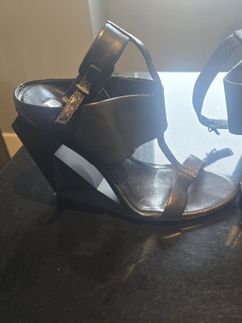 BCBG Black Leather Geometric Wedge Sandals | Size 8.5